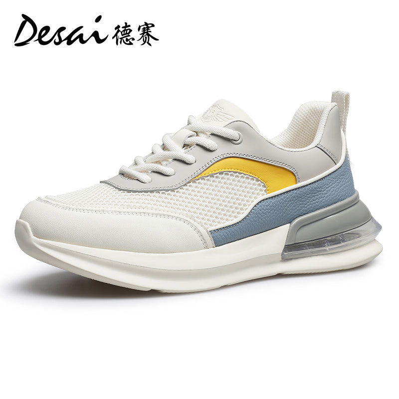 Desai Men's Summer Breathable Mesh Casual Shoes Cushioned Shock Absorbing Sports Running Shoes Genuine Leather Thick Sole Small White sneakers DS2059