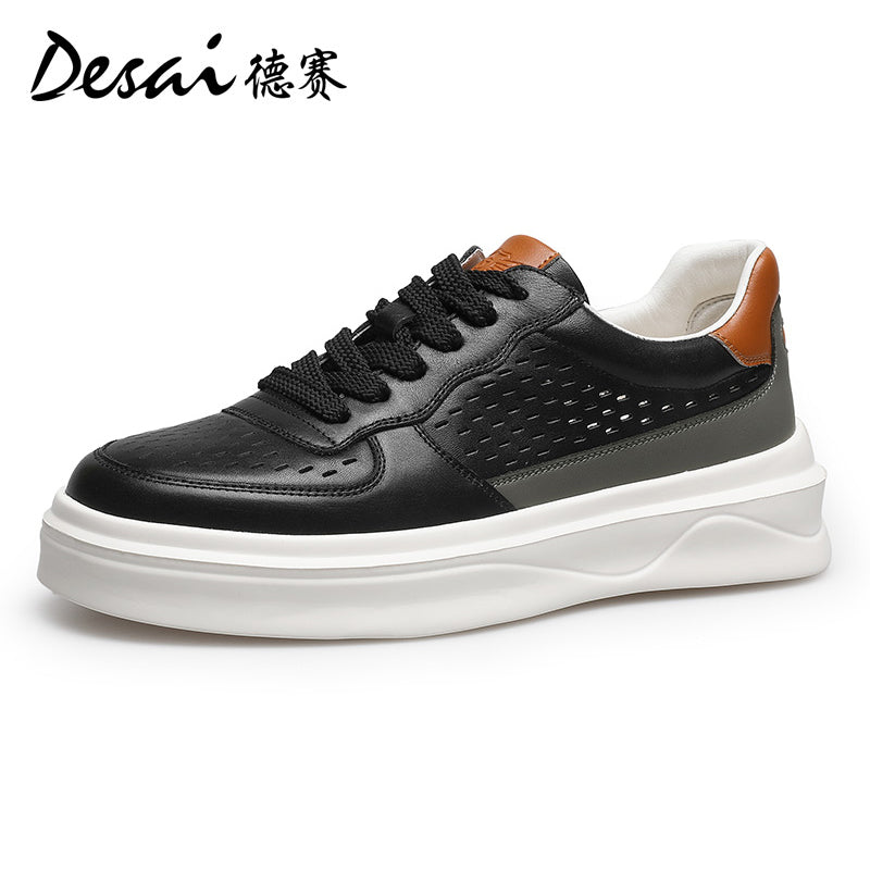 Desai Men's sneakers Summer Breathable Leather Perforated Casual Shoes Men's Board Shoes Thick Sole Increase Soft Sole Versatile Shoes DS3052