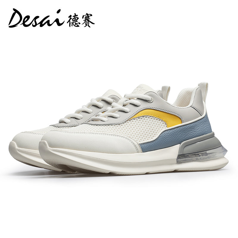 Desai Men's Summer Breathable Mesh Casual Shoes Cushioned Shock Absorbing Sports Running Shoes Genuine Leather Thick Sole Small White sneakers DS2059