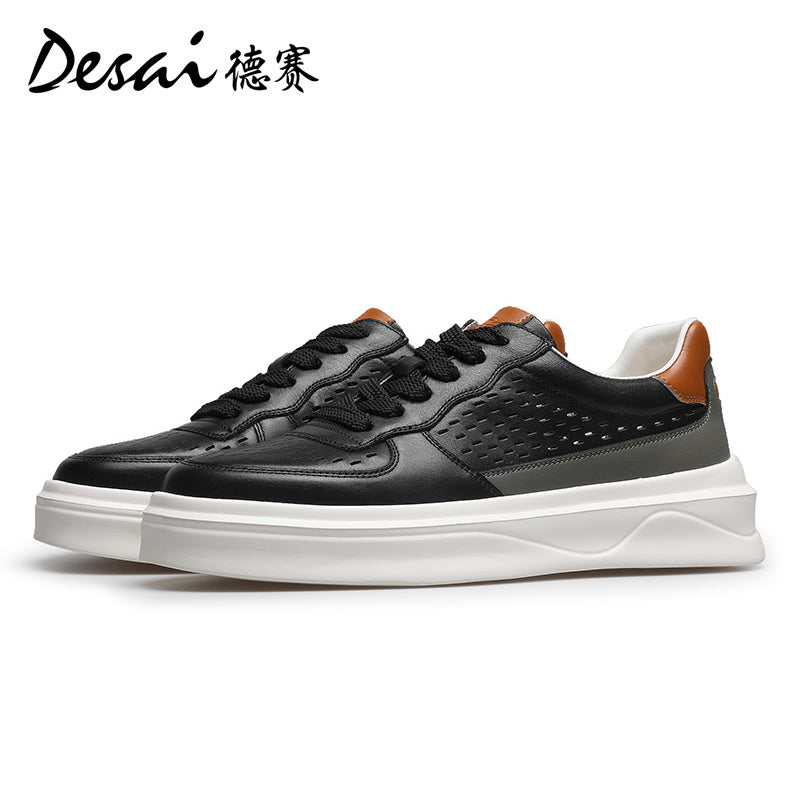 Desai Men's sneakers Summer Breathable Leather Perforated Casual Shoes Men's Board Shoes Thick Sole Increase Soft Sole Versatile Shoes DS3052