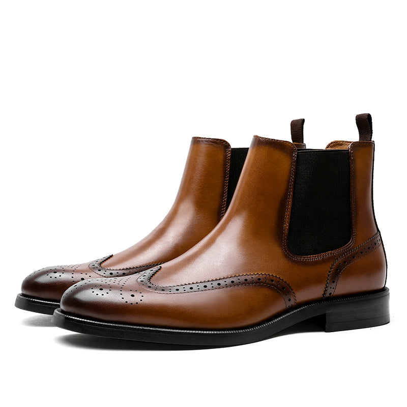 Desai Men's New Leather shoes Chelsea Brogue style boots one-step low-heeled boots fashion daily Elastic Shoes DS122H