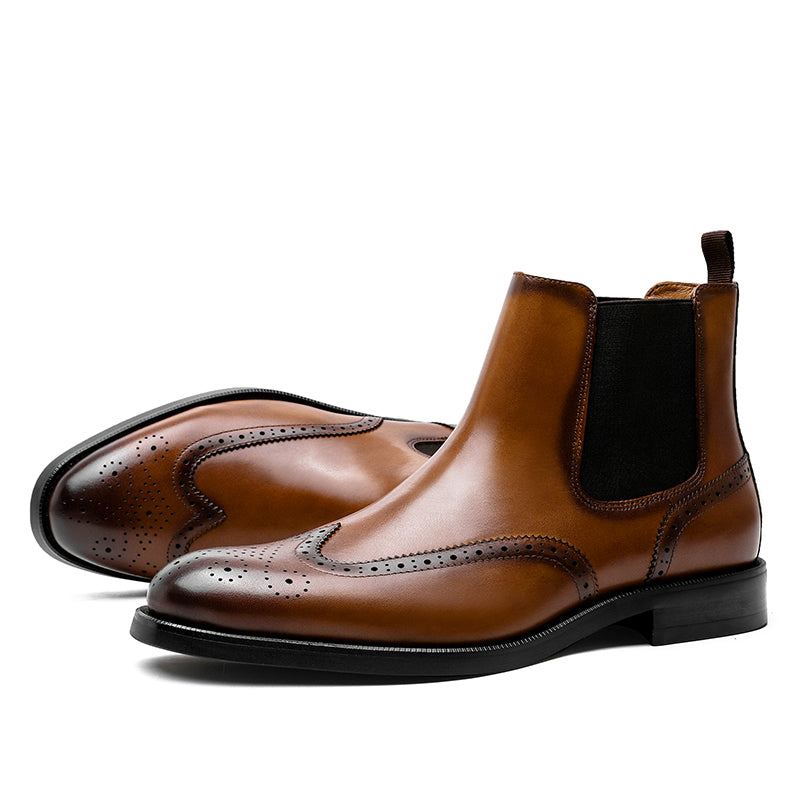 Desai Men's New Leather shoes Chelsea Brogue style boots one-step low-heeled boots fashion daily Elastic Shoes DS122H