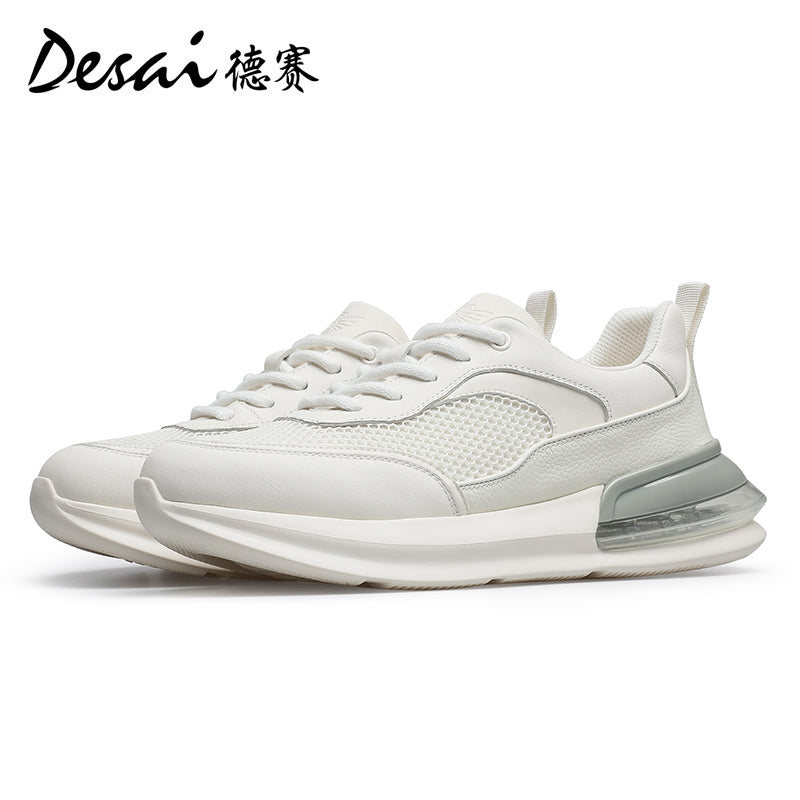 Desai Men's Summer Breathable Mesh Casual Shoes Cushioned Shock Absorbing Sports Running Shoes Genuine Leather Thick Sole Small White sneakers DS2059