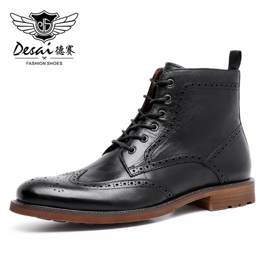 Desai Men's New Brogue Genuine Leather Boots Fleece-lined Shoes Fashion Boots,Warm,Large Size, ace-up, Zipper,Gifts DS816301HL