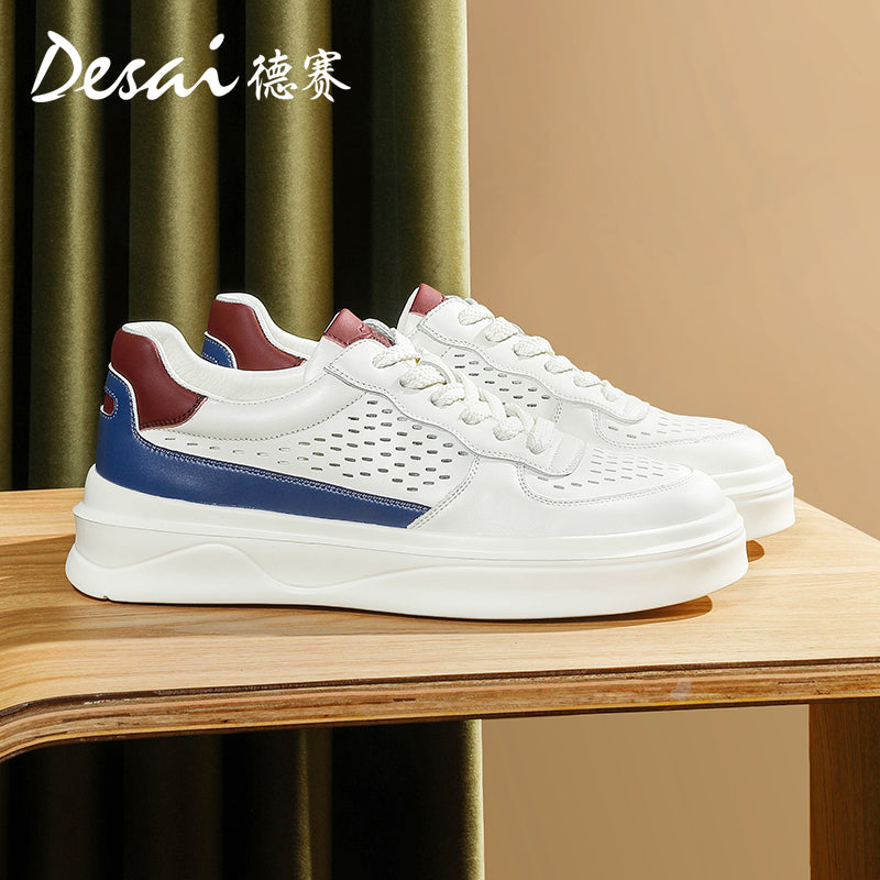 Desai Men's sneakers Summer Breathable Leather Perforated Casual Shoes Men's Board Shoes Thick Sole Increase Soft Sole Versatile Shoes DS3052