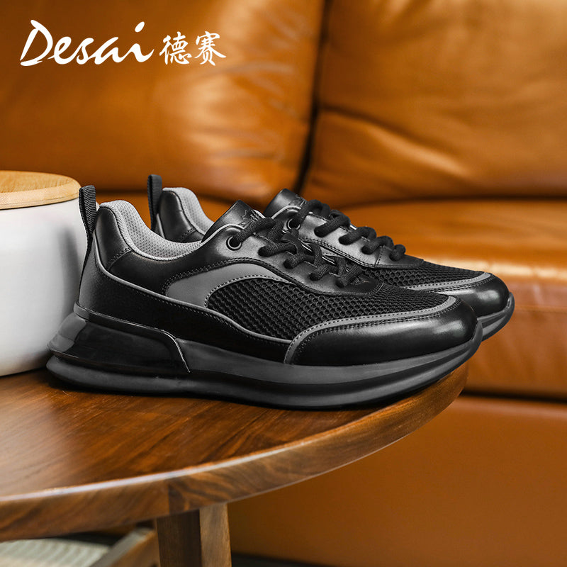 Desai Men's Summer Breathable Mesh Casual Shoes Cushioned Shock Absorbing Sports Running Shoes Genuine Leather Thick Sole Small White sneakers DS2059
