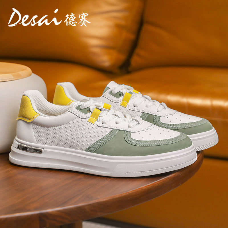 Desai Men's Shoes Summer 2024 New Genuine Leather Soft Sole Elevated sneakers Men's Perforated Breathable Casual Shoes Men's Board Shoes DS3051