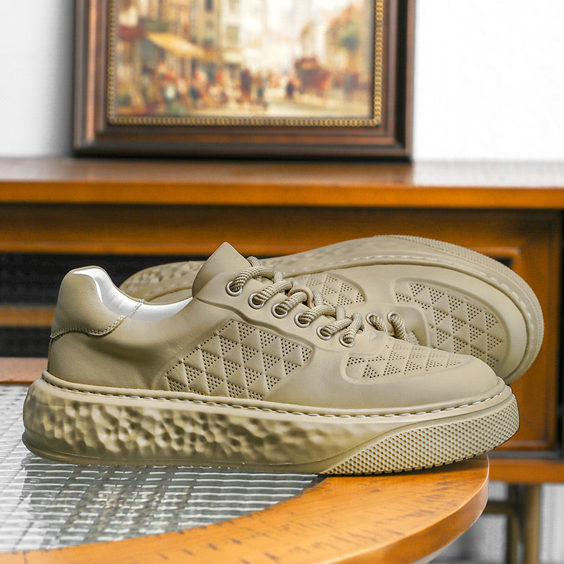 Desai Casual Leather Shoes Genuine Leather Thick Bottom Sneakers Laces Up Breathable DS3370