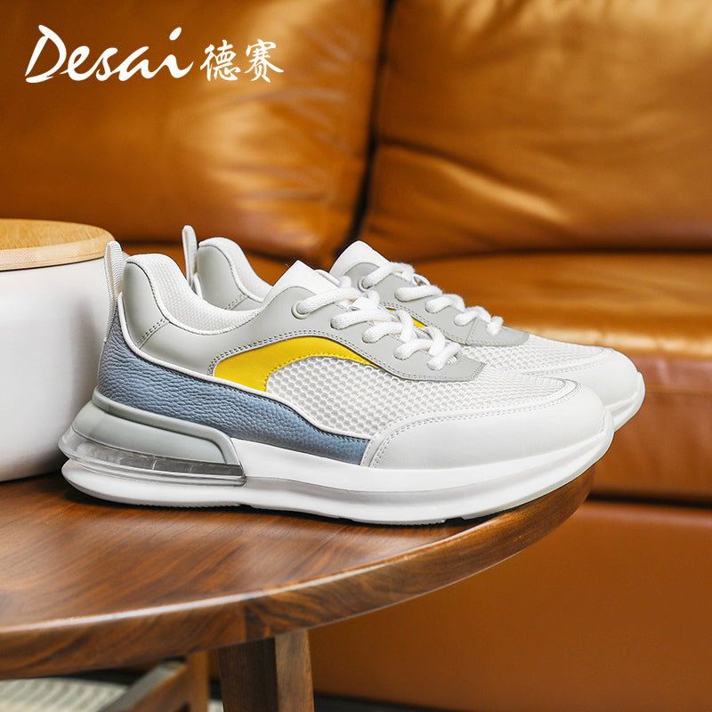 Desai Men's Summer Breathable Mesh Casual Shoes Cushioned Shock Absorbing Sports Running Shoes Genuine Leather Thick Sole Small White sneakers DS2059