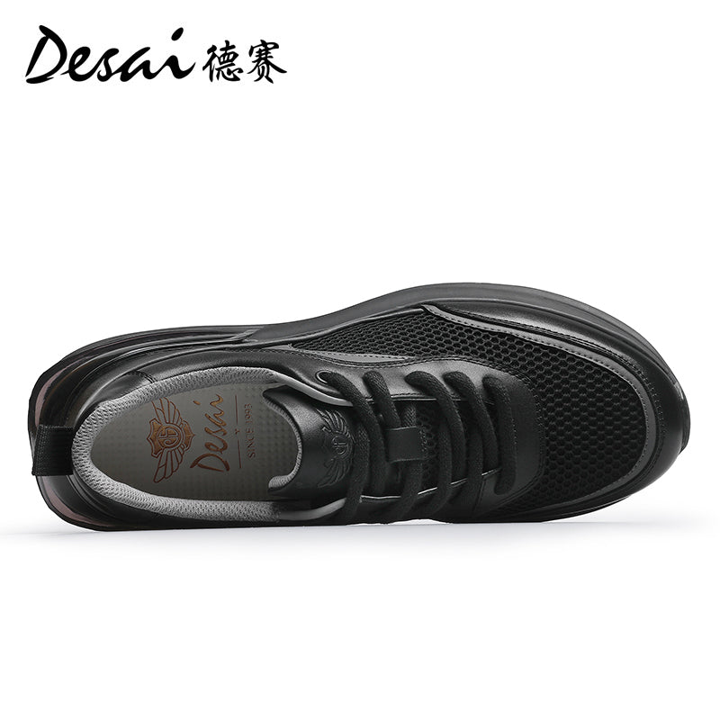 Desai Men's Summer Breathable Mesh Casual Shoes Cushioned Shock Absorbing Sports Running Shoes Genuine Leather Thick Sole Small White sneakers DS2059