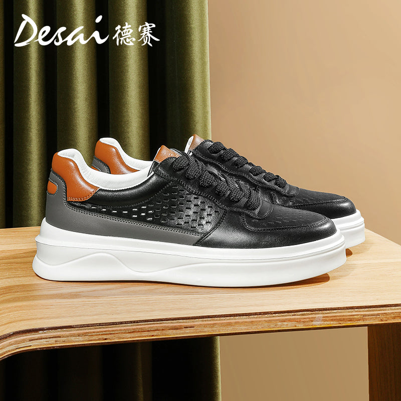 Desai Men's sneakers Summer Breathable Leather Perforated Casual Shoes Men's Board Shoes Thick Sole Increase Soft Sole Versatile Shoes DS3052