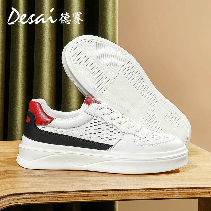 Desai Men's sneakers Summer Breathable Leather Perforated Casual Shoes Men's Board Shoes Thick Sole Increase Soft Sole Versatile Shoes DS3052