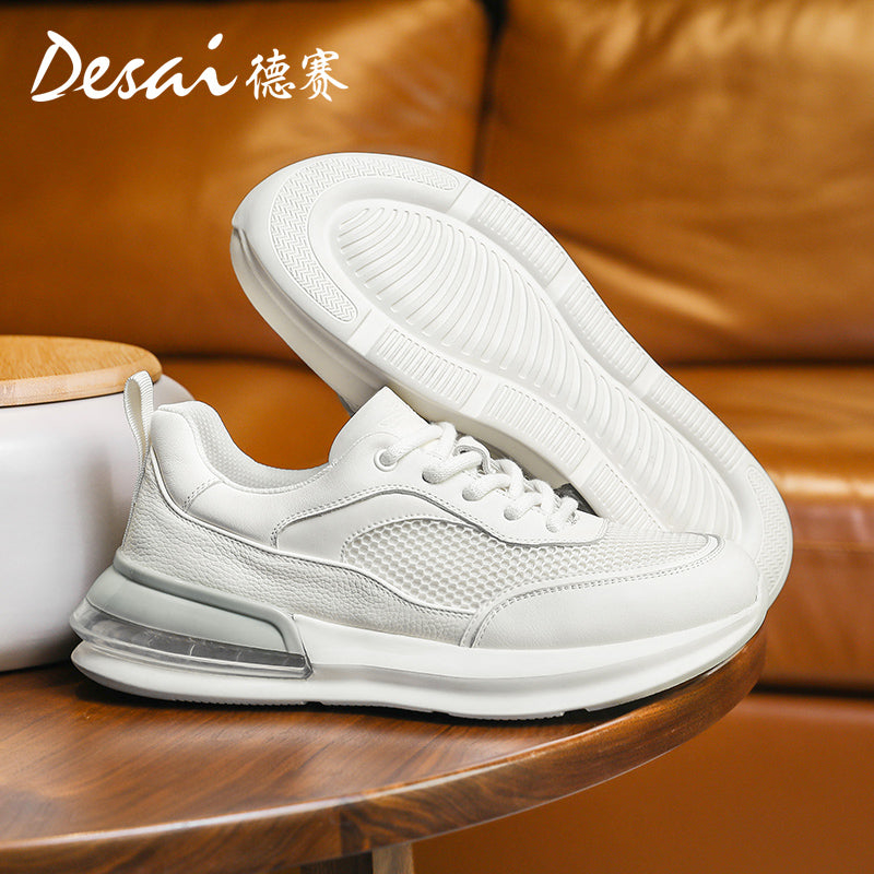Desai Men's Summer Breathable Mesh Casual Shoes Cushioned Shock Absorbing Sports Running Shoes Genuine Leather Thick Sole Small White sneakers DS2059
