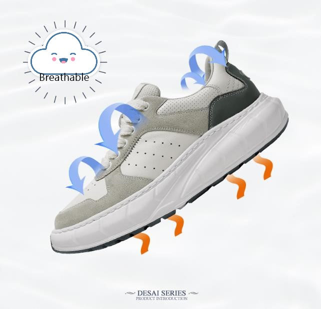 Desai Casual Shoes Thick Bottom Leather Sneaker Laces Up Summer Breathable DS3350