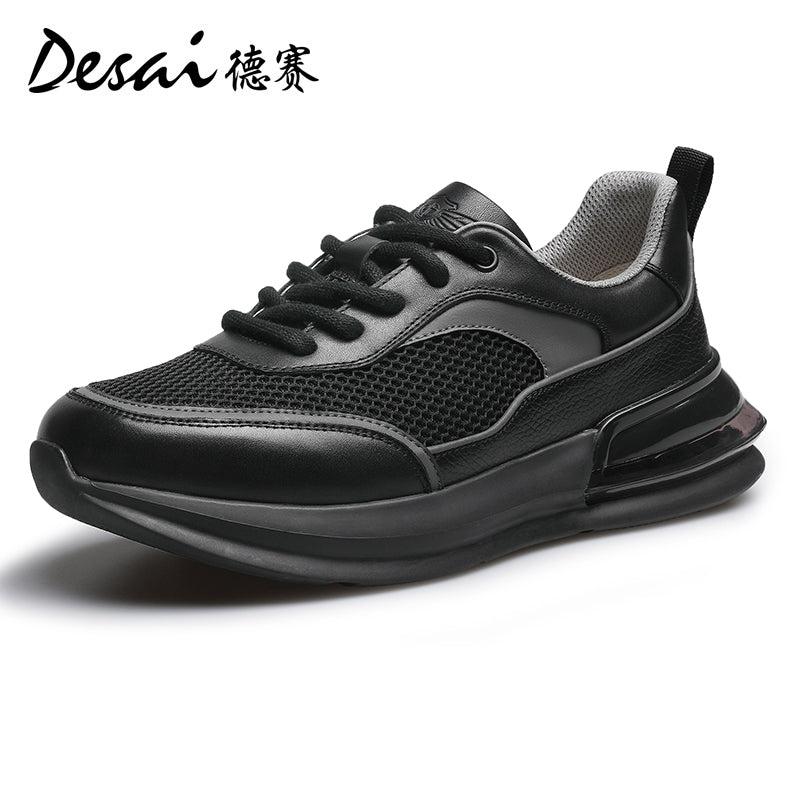 Desai Men's Summer Breathable Mesh Casual Shoes Cushioned Shock Absorbing Sports Running Shoes Genuine Leather Thick Sole Small White sneakers DS2059