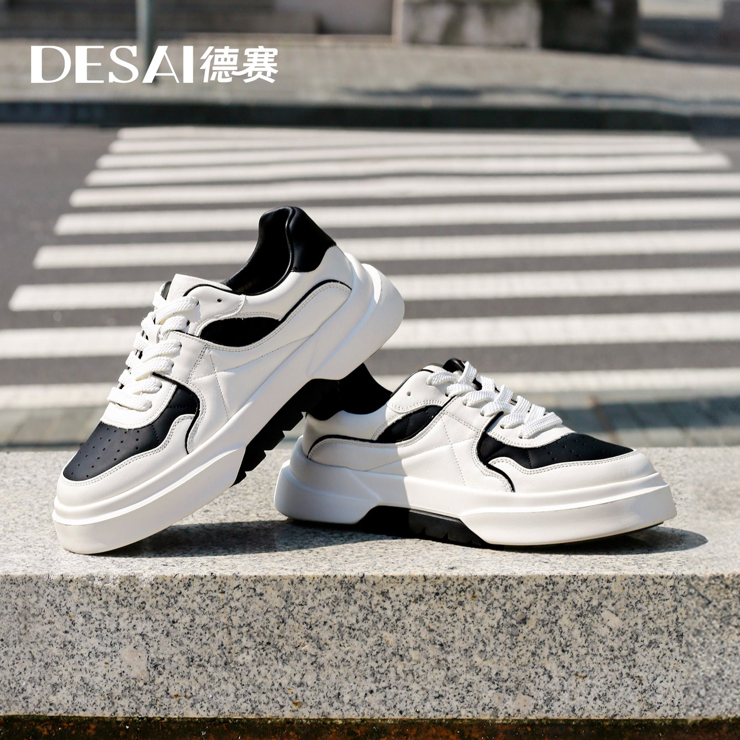 Desai Casual Leather Shoes Genuine Leather Thick Bottom Sneakers Laces Up Breathable DS33139