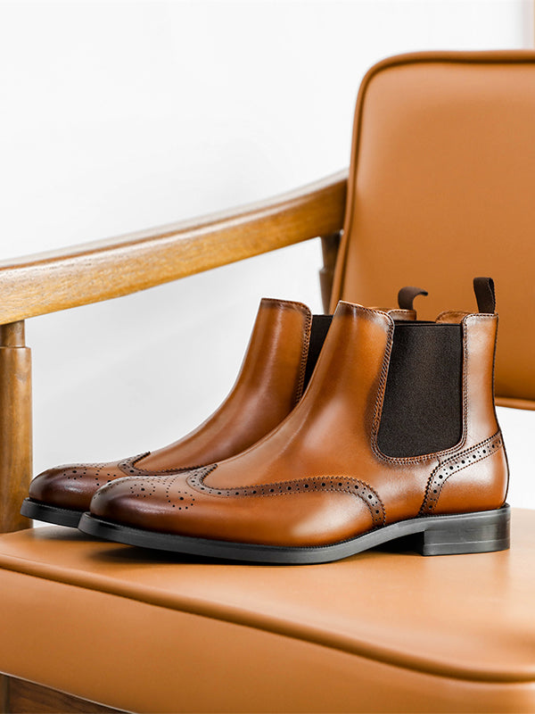 Desai Men's New Leather shoes Chelsea Brogue style boots one-step low-heeled boots fashion daily Elastic Shoes DS122H