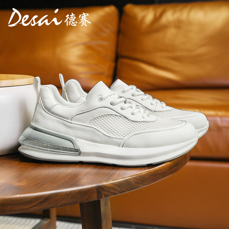 Desai Men's Summer Breathable Mesh Casual Shoes Cushioned Shock Absorbing Sports Running Shoes Genuine Leather Thick Sole Small White sneakers DS2059