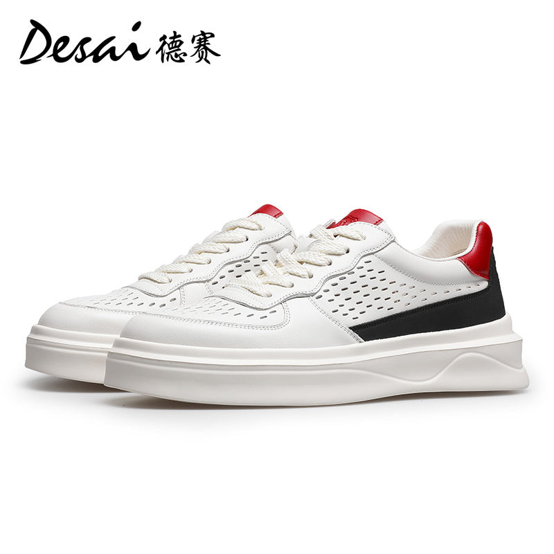 Desai Men's sneakers Summer Breathable Leather Perforated Casual Shoes Men's Board Shoes Thick Sole Increase Soft Sole Versatile Shoes DS3052