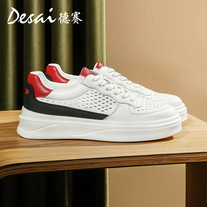 Desai Men's sneakers Summer Breathable Leather Perforated Casual Shoes Men's Board Shoes Thick Sole Increase Soft Sole Versatile Shoes DS3052