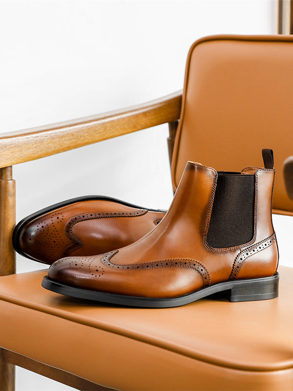 Desai Men's New Leather shoes Chelsea Brogue style boots one-step low-heeled boots fashion daily Elastic Shoes DS122H