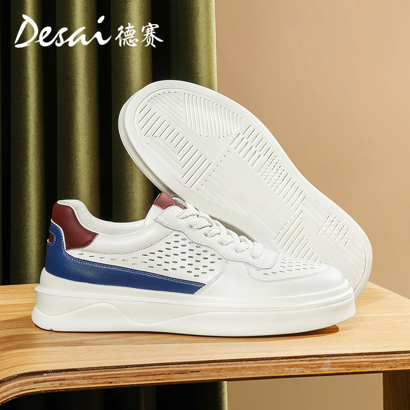 Desai Men's sneakers Summer Breathable Leather Perforated Casual Shoes Men's Board Shoes Thick Sole Increase Soft Sole Versatile Shoes DS3052