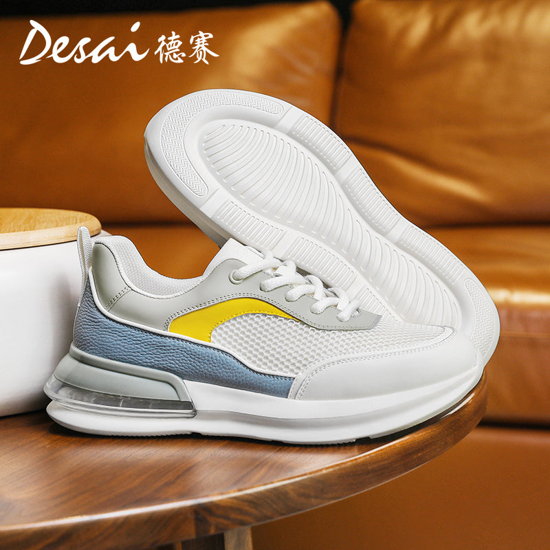 Desai Men's Summer Breathable Mesh Casual Shoes Cushioned Shock Absorbing Sports Running Shoes Genuine Leather Thick Sole Small White sneakers DS2059