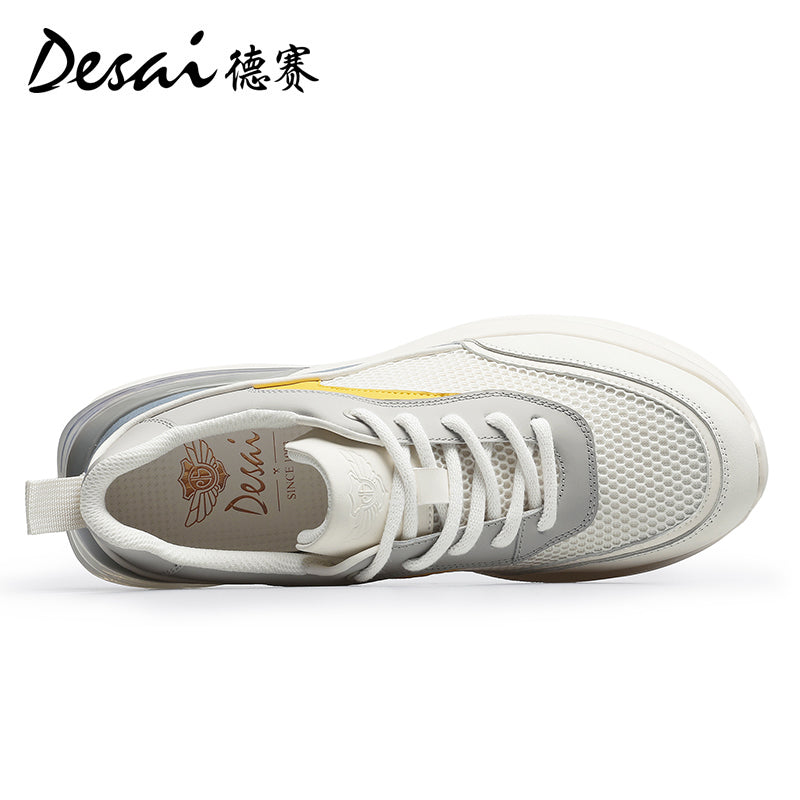 Desai Men's Summer Breathable Mesh Casual Shoes Cushioned Shock Absorbing Sports Running Shoes Genuine Leather Thick Sole Small White sneakers DS2059