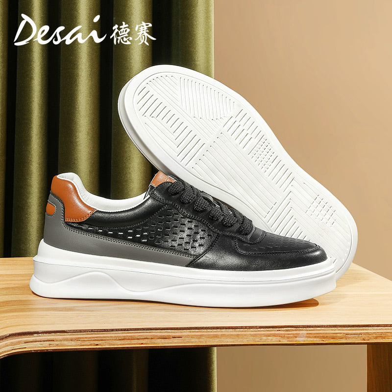 Desai Men's sneakers Summer Breathable Leather Perforated Casual Shoes Men's Board Shoes Thick Sole Increase Soft Sole Versatile Shoes DS3052