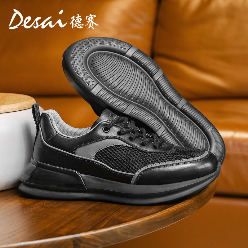 Desai Men's Summer Breathable Mesh Casual Shoes Cushioned Shock Absorbing Sports Running Shoes Genuine Leather Thick Sole Small White sneakers DS2059