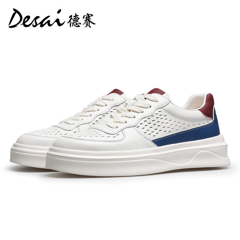 Desai Men's sneakers Summer Breathable Leather Perforated Casual Shoes Men's Board Shoes Thick Sole Increase Soft Sole Versatile Shoes DS3052