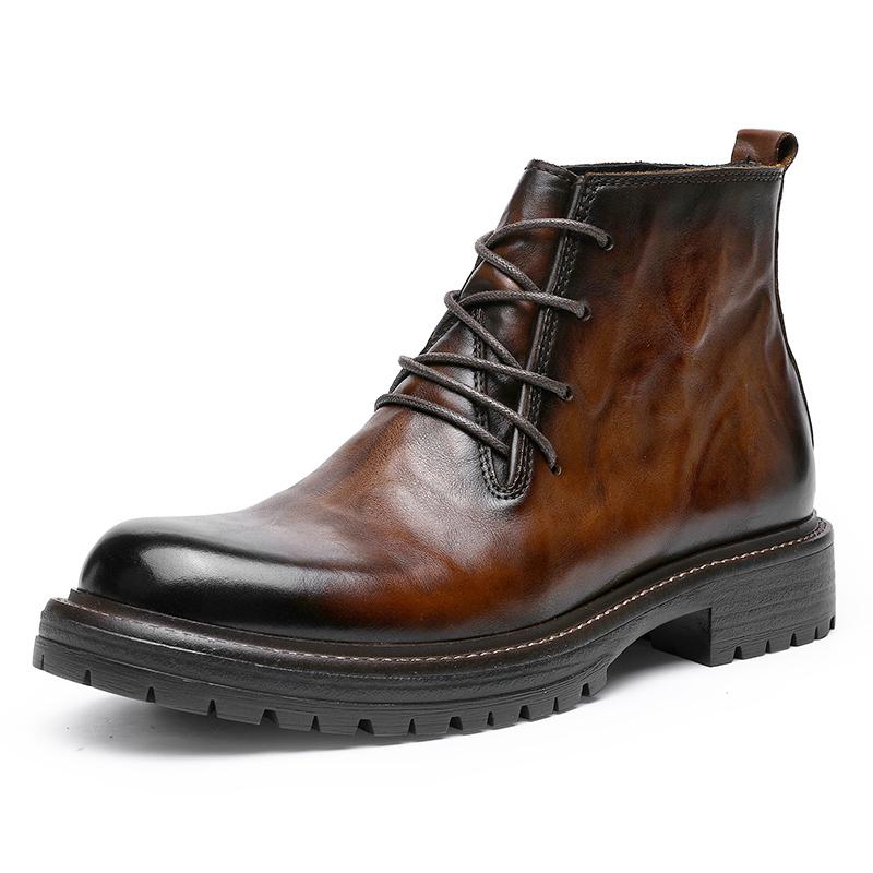 DESAI Leather Ankle Boots Calfskin Men's Classic Soft Handmade lace-up Dress Boot for Motorbike Hiking Walking Footwear Closed Round Toe Fur Shoe Botas Para Hombres DS6319H