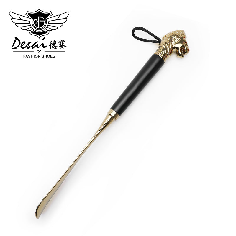 Shoe Horn Retro Durable Lion Head Long Metal Shoehorn Brown Wood Handled Shoe Lifter Spoon