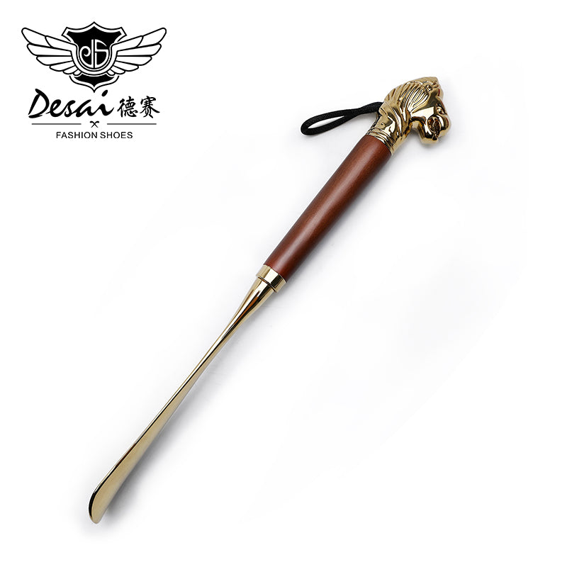 Shoe Horn Retro Durable Lion Head Long Metal Shoehorn Brown Wood Handled Shoe Lifter Spoon
