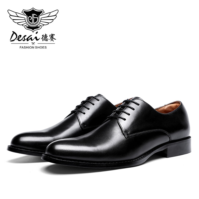 DESAI New Men's Genuine Leather Shoes Business Dress Elegant Gentleman Shoes Simple British Style Wedding Shoes Black DS216