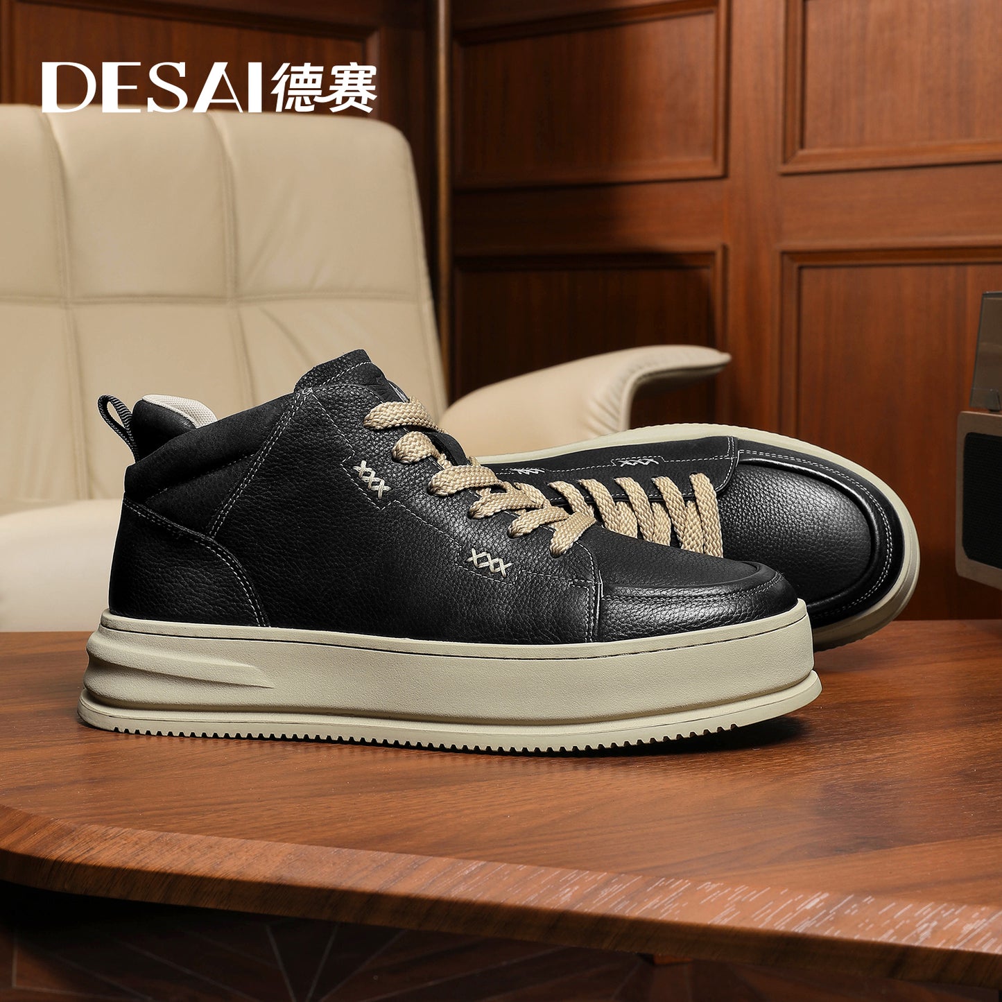 Desai [Vintage work shoes] Men's shoes Autumn and winter warm elevating board shoes men's casual leather high top Sneakers DS30160H