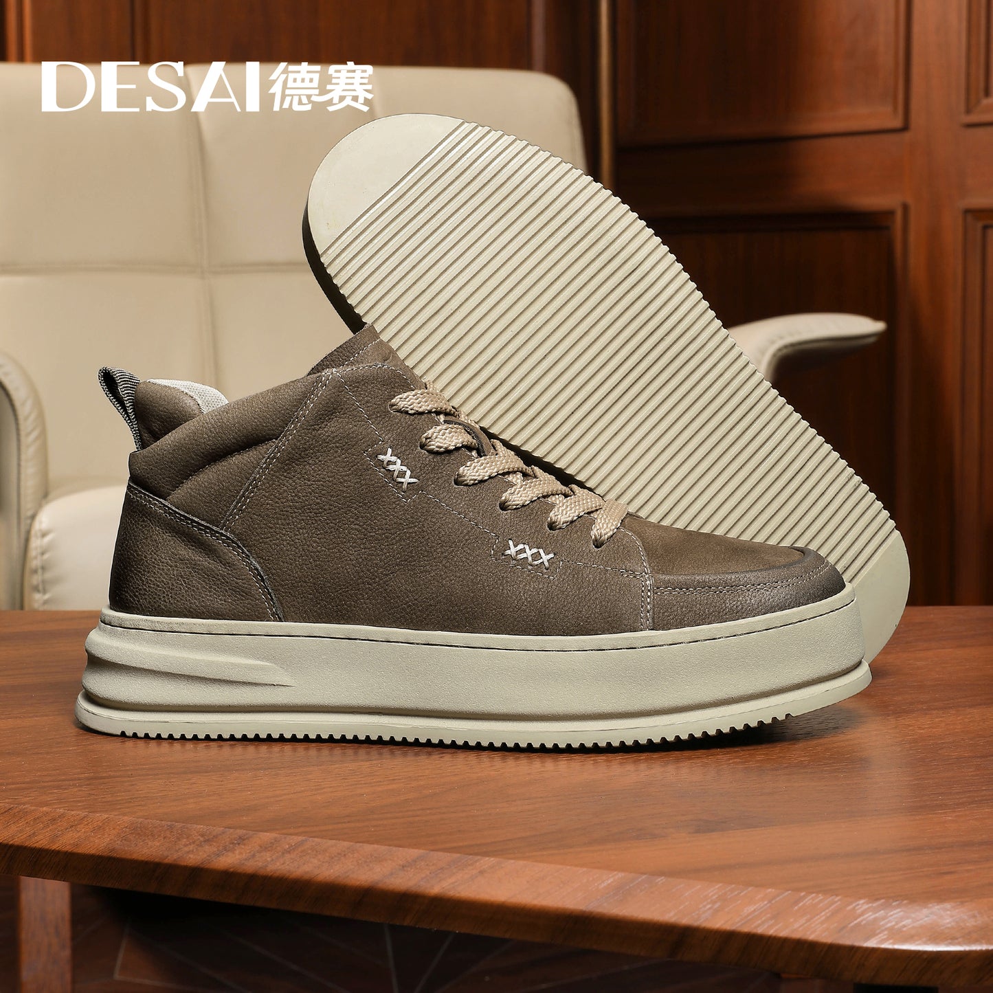 Desai [Vintage work shoes] Men's shoes Autumn and winter warm elevating board shoes men's casual leather high top Sneakers DS30160H