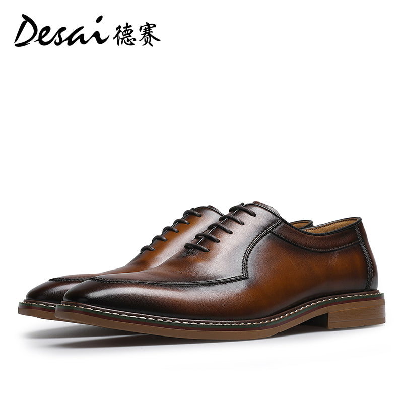 Desai new formal square head leather shoes business British men's Oxford shoes breathable soft sole leather rub color inside increasing men's shoes DS6017