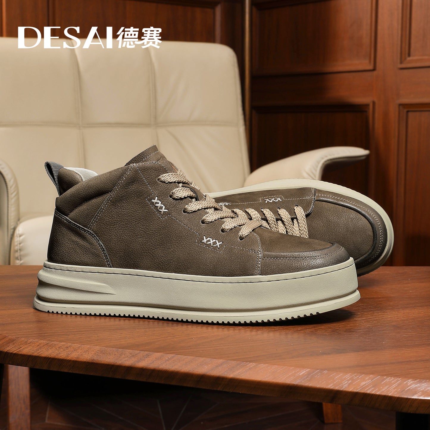 Desai [Vintage work shoes] Men's shoes Autumn and winter warm elevating board shoes men's casual leather high top Sneakers DS30160H