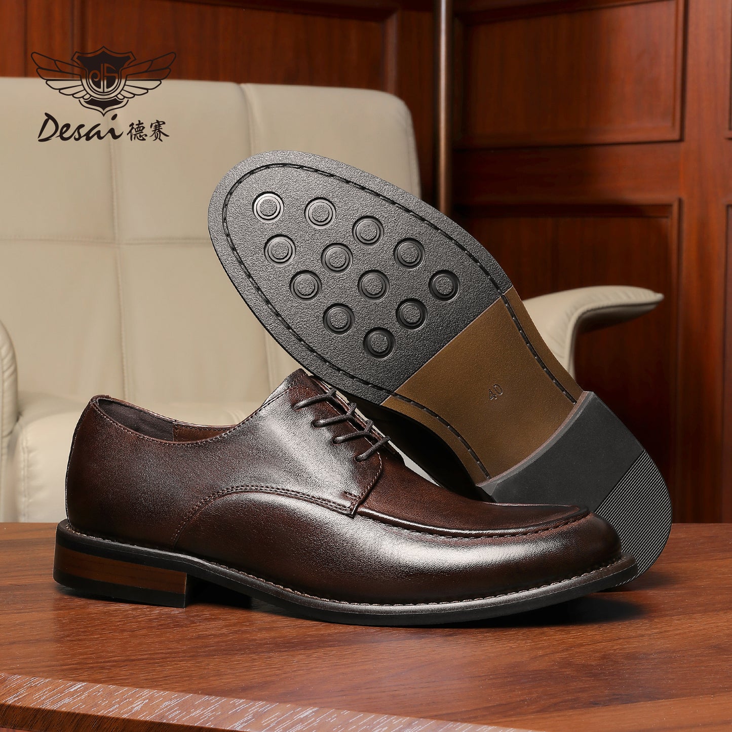 Desai [High-end horsehide] men's leather shoes business formal round head Derby shoes men's leather soft soled handmade footwear DS6036