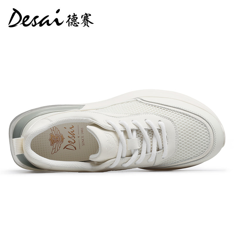 Desai Shoes Men's Summer Breathable Mesh Casual Shoes Air Cushioned Shock Absorbing Sports Running Shoes Genuine Leather Thick Sole Small White Shoes DS2059