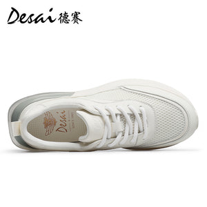 Desai Shoes Men's Summer Breathable Mesh Casual Shoes Air Cushioned Shock Absorbing Sports Running Shoes Genuine Leather Thick Sole Small White Shoes DS2059