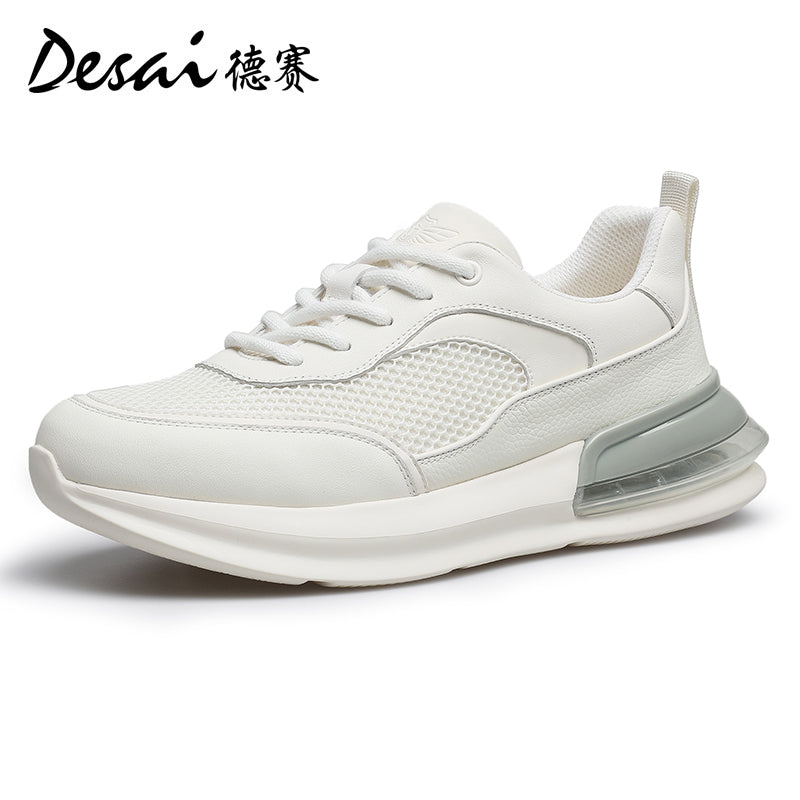 Desai Shoes Men's Summer Breathable Mesh Casual Shoes Air Cushioned Shock Absorbing Sports Running Shoes Genuine Leather Thick Sole Small White Shoes DS2059