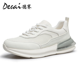 Desai Shoes Men's Summer Breathable Mesh Casual Shoes Air Cushioned Shock Absorbing Sports Running Shoes Genuine Leather Thick Sole Small White Shoes DS2059