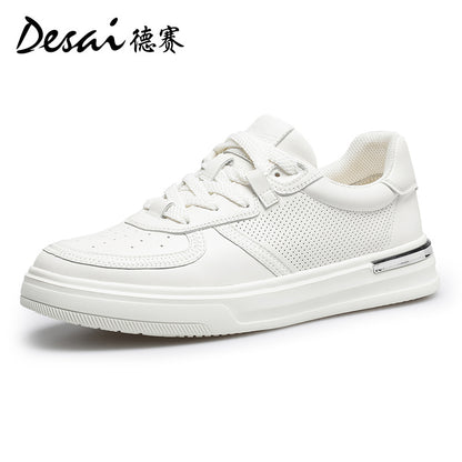 Desai Men's Shoes Summer 2024 New Genuine Leather Soft Sole Elevated sneakers Men's Perforated Breathable Casual Shoes Men's Board Shoes DS3051