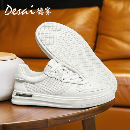 Desai Men's Shoes Summer 2024 New Genuine Leather Soft Sole Elevated sneakers Men's Perforated Breathable Casual Shoes Men's Board Shoes DS3051