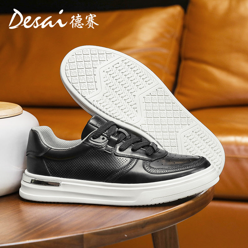 Desai Men's Shoes Summer 2024 New Genuine Leather Soft Sole Elevated sneakers Men's Perforated Breathable Casual Shoes Men's Board Shoes DS3051