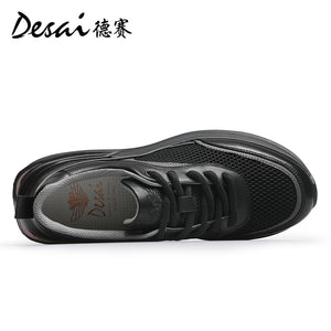 Desai Shoes Men's Summer Breathable Mesh Casual Shoes Air Cushioned Shock Absorbing Sports Running Shoes Genuine Leather Thick Sole Small White Shoes DS2059