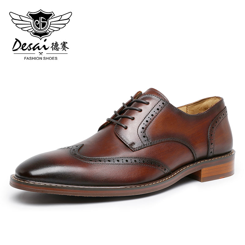 Desai Men's Genuine Leather Business Derby Shoes Carved British Brogue Shoes Formal Wear Pointed Toe Handmade Footwear OS6603