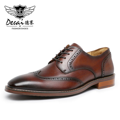 Desai Men's Genuine Leather Business Derby Shoes Carved British Brogue Shoes Formal Wear Pointed Toe Handmade Footwear OS6603